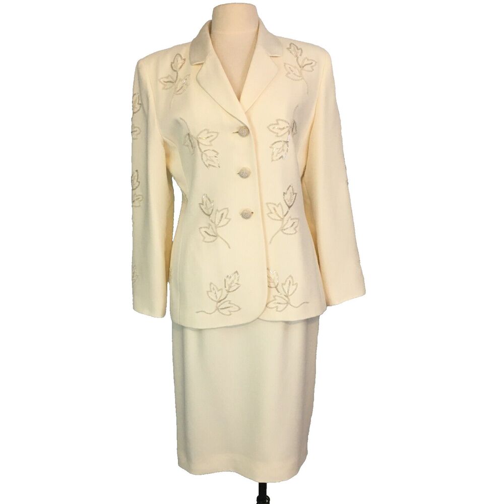 Albert Nipon Evening White Ivory Beaded Skirt Suit, Blazer, Leaves, 38 Chest, M